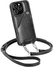 Leather Wallet Phone Case Compatible with iPhone 16 Pro,Crossbody Lanyards Wallet Phone Case for Women,Purse Flip Card Pouch Cover Case with Pouch Clip Card Holder Adjustable Wrist Strap Black