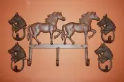 5PC SET RUNNING HORSES HORSE HEAD CAST IRON WALL HOOKS, RUSTIC, W-55 W-8