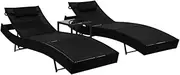 Outdoor Lounge Recliner, Foldable Lawn Gravity Chair for Adults Sun Loungers with Table, Patio Reclining, 2 Pcs Poly Rattan and Textilene Black