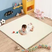 Playpals Thick Baby Play Mat, Soft Vegan Leather Floor Mat with Removable Washable Cover, Wipe Clean Crawling Mat, Non-Slip Cushioned Soft Play Mat for Infants, Babies, Toddlers, 121x121CM, Beige