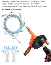 Drain Auger BREEZZ Clog Remove with Drill Adapter, 25 Feet. Flexible Plumbing