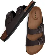Torotto Mens Slides with Cork Footbed Open Toe Flat Sandals,Red Brown, Size 12