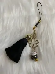 Japan Lucky Cat Black Tassel Phone Charm Sakura Cat Pendant Flower