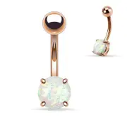 14G ROSE GOLD 316L STEEL PRONG SET WHITE OPAL NAVEL BELLY BUTTON RING JEWELRY