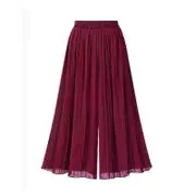 Chiffon Women Wide Pants Pleated Beach Culottes Loose Cropped Pants High Waist Thin Wide-Leg Trousers wine red 4XL