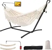 SXSEAGLE Double Hammock with Stand Upgraded Phone Holder Portable Heavy Duty Stainless Steel Indoor Outdoor Patio Yard Beach with Carrying Case （2022 Beige）