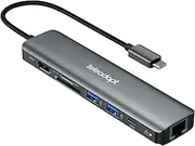 Teleadapt USB C Hub, 7 in 1 USB C Dongle Dock USB-C Hub Multiport Adapter with 4K HDMI, PD 100W, 1Gbps Ethernet, 2 USB 3.0 5Gbps Data Ports, SD/TF Card Reader, for MacBook Air/Pro, iPad Pro, XPS