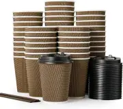 12 oz Paper Coffee Cups with Lid and Straws, Disposable Leakfree Anti-Slip Anti-