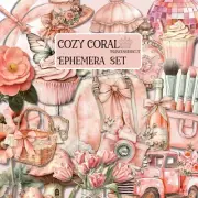 Junk Journal Supplies, Cozy Coral Pink Ephemera Set 36 Piece Scrapbooking