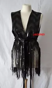 ZARA BLACK SEQUINNED WAISTCOAT WITH FRINGING AND CHOKER SPARKLY XS-S 8741 274