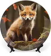 Fox Decorative Plates Cute Ceramic Decorative Dishes for Display, Boho Style Dinner Plate with Display Stand, China Plate for Home Decor, 10