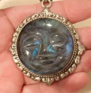 Large Flashy Blue Labradorite Moon Face Pendant