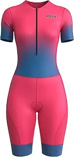 [RUUN] Women’s Cycling Trisuit Half Sleeve with Pockets Mesh Triathlon Padded Suit with Hi Viz Reflection Skinsuit Power Band and Leg Grippers