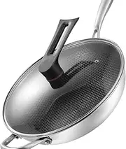 Wok, Stainless Steel Wok 3 Layer Double Sided Honeycomb Stainless Steel Pan with Finely Carved Micro Engraving for Kitchen (32cm/12.6in (No Lid and No Ears)) (32cm/12.6in (No Lid and with Ears))