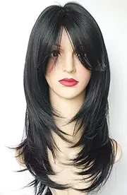 ZHUOWEN Black 16inch Layered Wig with Bangs, Synthetic Hair, Curly, Classic Style