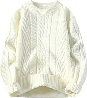 Mens Loose Fit Casual Twist Pullover Thick Crewneck Cable Knit Pullover Textured Long Sleeve Knitted Sweater