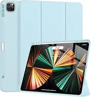 Tuosake iPad Pro 12.9 Case 2021/2022 5th/6th Generation with Pencil Holder,Slim Lightweight Trifold Stand Case【Pencil Charging+Auto Sleep/Wake】 Soft TPU Back Cover for iPad Pro 12.9 inch-Light Blue