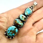 Navajo LONG Multi 4 Stone Turquoise Pendant 2.75" Sterling Matte Signed Skeets
