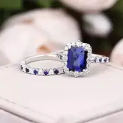 3Ct Emerald Lab-Created Blue Sapphire Halo Bridal Ring Set 14K White Gold Plated