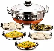 All-in-One 5 Plate Stainless Steel Idli Cooker Multi Kadai Steamer Copper Bottom With Lid Induction & Standard Idli Maker Multi Kadhai (5 Plates,14 Idlis)
