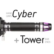 KiWAV Motorcycle Cyber Grips Dark Gray with Tower Bar Ends Purple/Silver
