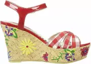 Betsey Johnson Traci Platform Wedge Sandals Red Gingham Floral 7.5, 8