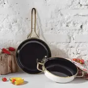 Retro Enamel Frying Pan and Shallow Frying Pan Set, 2 Pcs, White&Red, Non-Stick,