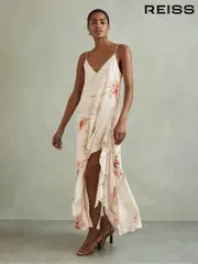 Reiss Ivory/Coral Melody Floral Print Side Split Midi Dress (E26403) | $460