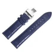 Leather Band Deployment Buckle Watch Strap 22mm Leather Strap, Blue/Silver
