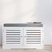 RASOO Shoe Storage Benches White Shoe Rack Bench with 2 Doors & Padded Seat Cushion in Grey Shoe Cabinet Shoe Entryway Bench with Shoe Organizer