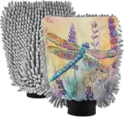 XYMZR Watercolor Dragonfly Lavender Absorbent Microfiber Car Wash Mitt, Funny Cute Anime Scratch Free for Cars Cleaning, Home Cleaning Mitts, 2 Pack, 10.24” L x 7.09” W
