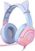 PHNIXGAM Gaming Headset for PS4, PS5, Xbox One(No Adapter), Cat Ear Headphones with Noise Cancelling Microphone, RGB Backlight, Surround Sound for PC, Mobile Phone, Gradient Pink Blue