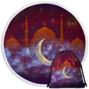Purplish Art Painting Mosque and Crescent Moon Round Beach Towel