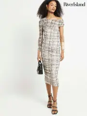 River Island Black/White Mesh Asymmetric Bodycon Black/White Midi Dress (E73717) | $104