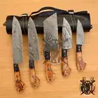 Custom Handmade Damascus wood handle Kitchen Chef Knife Set 5 Piece with leather