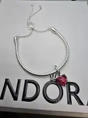 Pandora Charm Bracelet W/Red Heart & Arrow Murano Glass Dangle Charm.7.5"