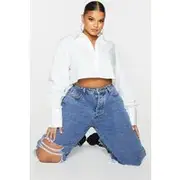 Plus White Cotton Oversized Crop Shirt, White