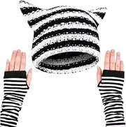 [OFKAFEZV] Cat Beanie Hat, Women's Winter Cat Ears, Striped Arm Warmers, Winter Cat Ear Hat and Arm Warmers for Winter Outdoor Activities, Black and White, 30