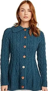 [Aran Woollen Mills] Irish Women's Cardigan with Buttons and Diamond Pattern, 100% Merino Wool
