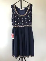 alannah hill Beaded Navy Silky Dress Size 10 Was $429.00 Now $129.00