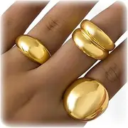 [Chinovi] 3PCS Chunky Gold Rings for Women Adjustable Round Dome Ring Set Open Bold Thick Rings Chunky Silver Rings Minimalist Solid Ring Band Stackable Statement Jewelry Size 6-9