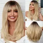 Ombre Blonde Long Straight Wig with Bangs Dark Root Long Hair With Bangs Natu...