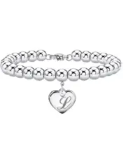 ESTENDLY Initial Heart Charm Bracelets 6mm Stainless Steel Bead Bracelet L