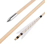 32 Inch Archery Traditional Wooden Arrow Hunting Arrow Pracrice Target Wooden Arrow Shaft with 5" Turkey Feather Fletching and Field Point for Longbow Traditaonal Bow (12 Pcs)
