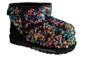 NEW WOMENS UGG CLASSIC MINI STELLAR SEQUIN BLACK SHEARLING BOOTS US 7