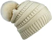 [SHERCHPRY] Women Knitted Hat Thermal Beanie Satin Lined Merino Wool Warm Headwear Beige