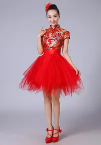 在飛比找Yahoo!奇摩拍賣優惠-新款打鼓服喜慶舞蹈演出服大人女水鼓服中國風現代舞蹈快板蓬蓬裙
