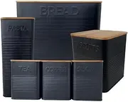 Bread Bin Bins Biscuit Barrel Jar Jars Tea Coffee and Sugar Canister Canisters Storage Set Sets Black Evanmore Airtight Pasta Box Bamboo Lid Lids Metal Tin Tins Containers Kitchen (Full Set of 6 Tins)