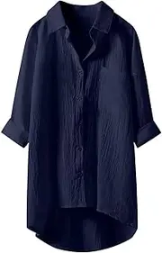[Generic] Womens Cotton Linen Shirts Button Down V Neck Rolled Up Long Sleeve Tops Elegant Dressy Blouse Business Casual Outfits