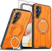 [Asuwish] Compatible with Samsung Galaxy A14/M14 5G Phone Case and Tempered Glass Screen Protector Magnetic Ring Holder 360° Stand Wireless charging A 14 4G 14A 14M G5 Cover for Women Men Orange